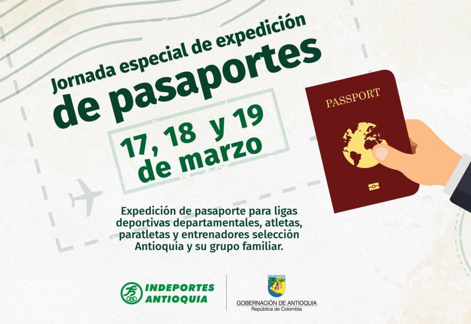 Expedición de pasaporte para ligas deportivas departamentales, atletas, paratletas y entrenadores selección Antioquia y su grupo familiar